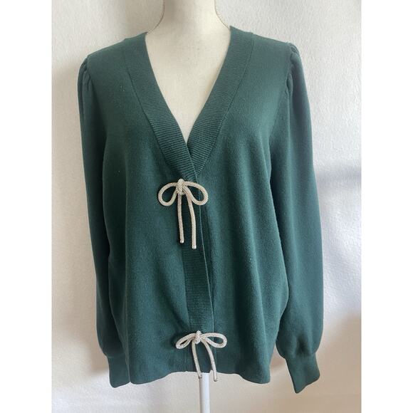 Women's Express Bow Cardigan V-neck Sweater Long Sleeves June Bug Dark Green 2XL - Picture 3 of 12